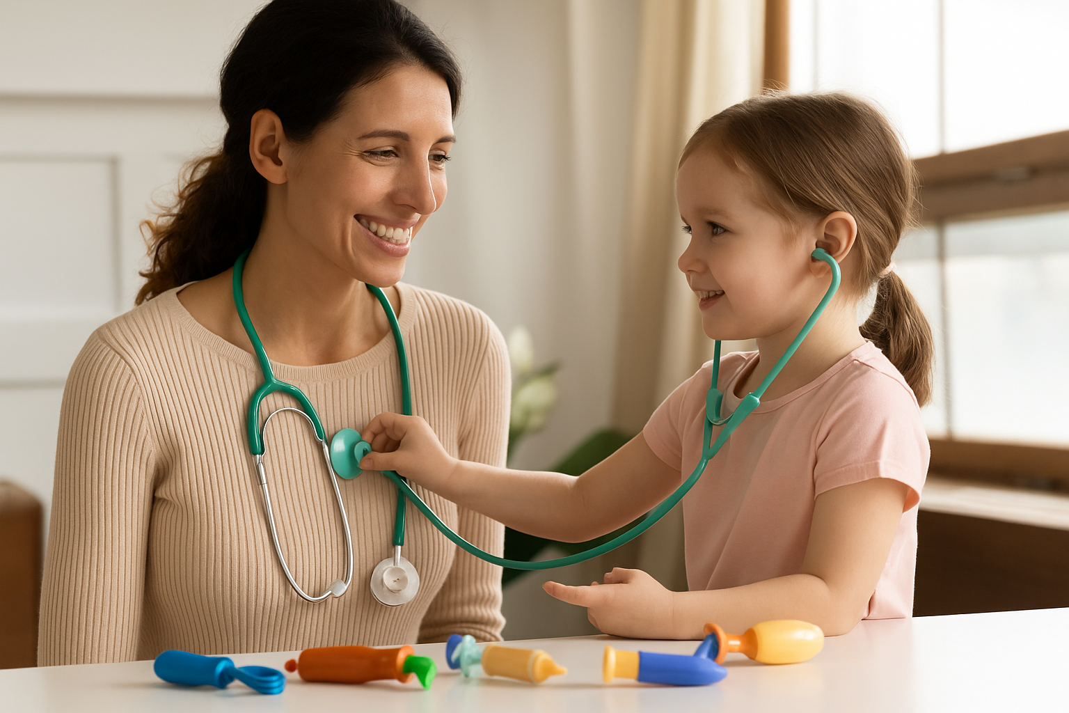 Parent and child learning medical terminology with stethoscope and toys